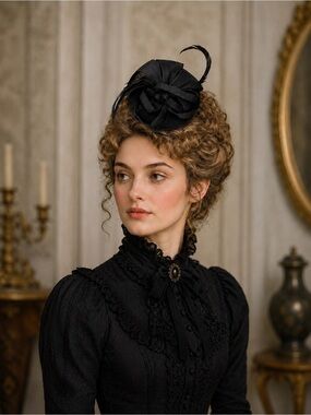 Black Victorian Style Fascinator Hat Feather Mesh Cocktail Wedding Headband